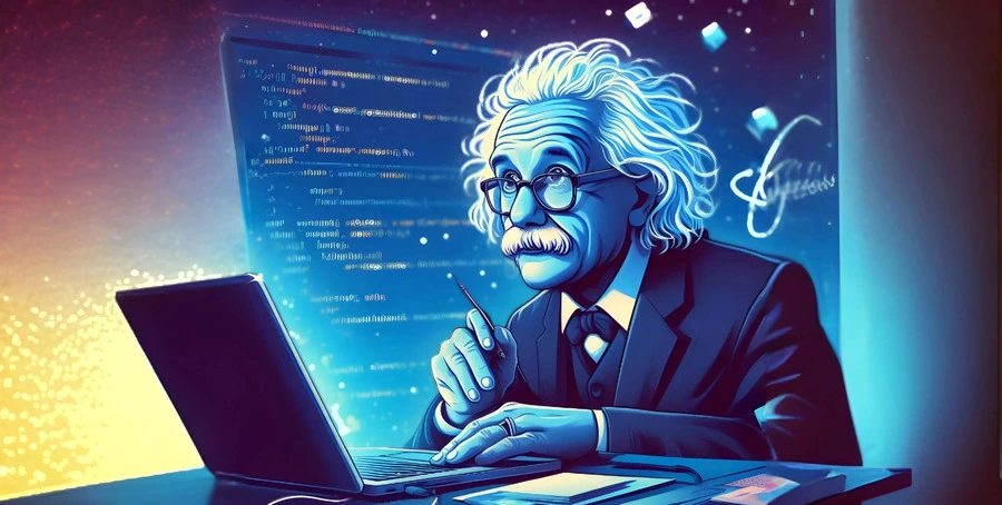 Albert Einstein utilizando um computador - gerado por IA